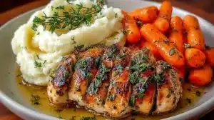 Delicious Garlic Herb Chicken served with mashed potatoes and glazed carrots.