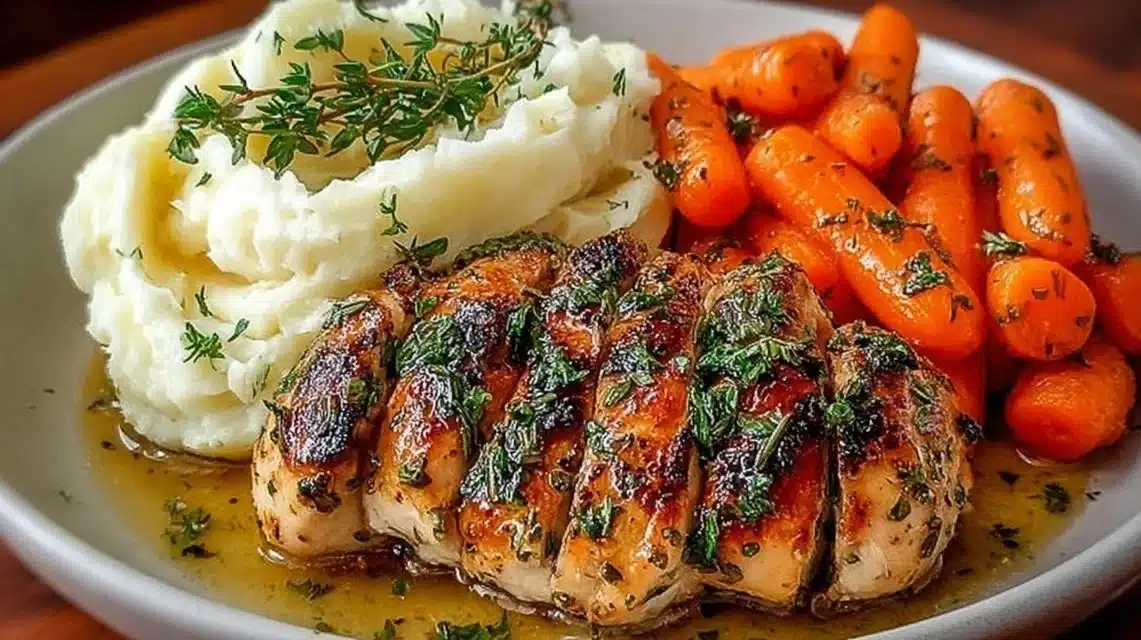 Delicious Garlic Herb Chicken served with mashed potatoes and glazed carrots.