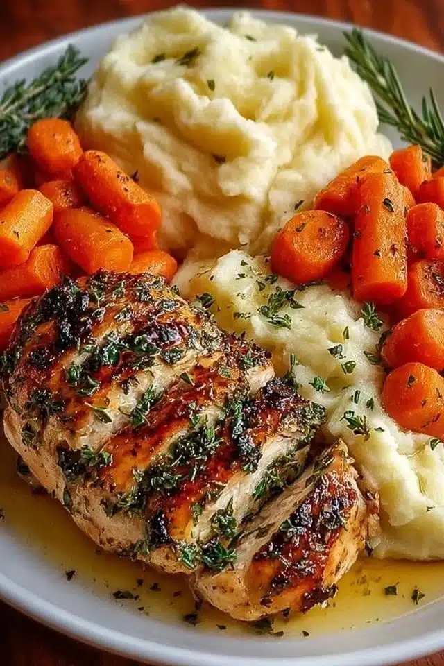 Garlic Herb Chicken with Mashed Potatoes and Glazed Carrots