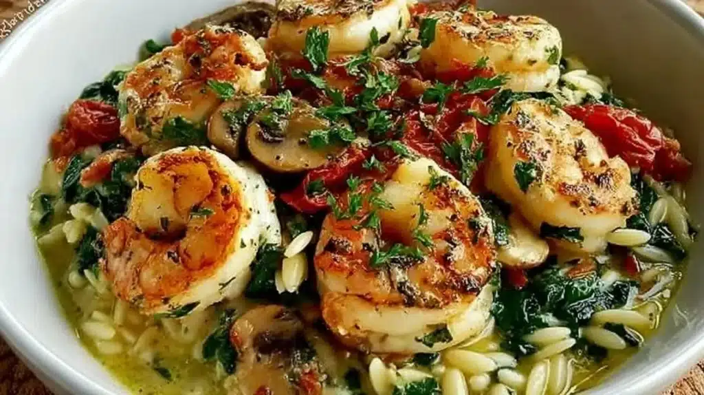 Delicious Garlic Orzo Tuscan Shrimp served for two with fresh herbs and shrimp.