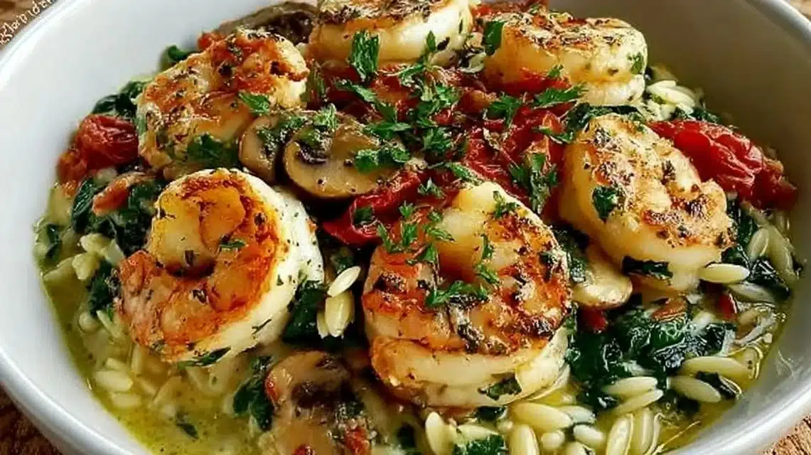 Delicious Garlic Orzo Tuscan Shrimp served for two with fresh herbs and shrimp.