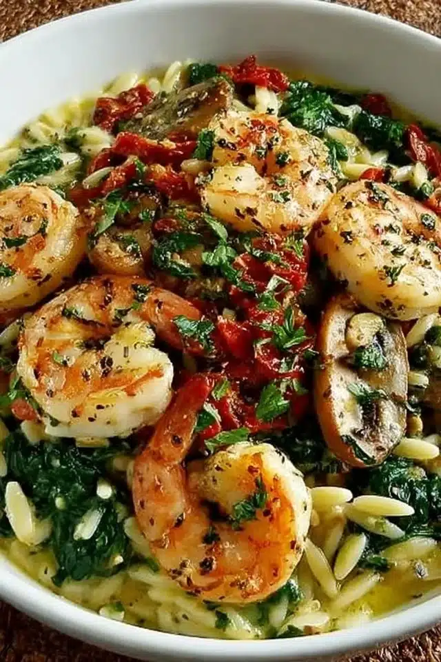 Garlic Orzo Tuscan Shrimp for Two