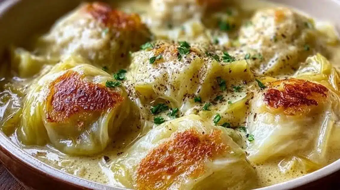 Delicious German cabbage and dumplings served with savory sauce