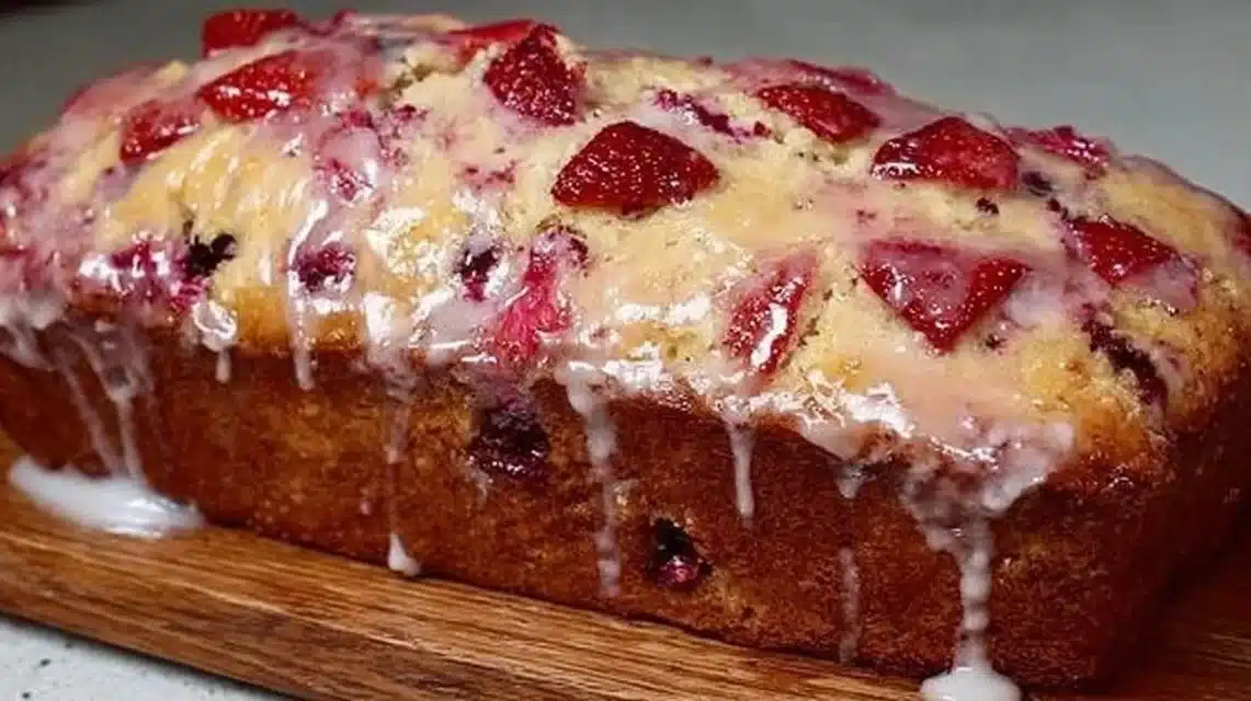 A loaf of glazed strawberry bread topped with fresh strawberries