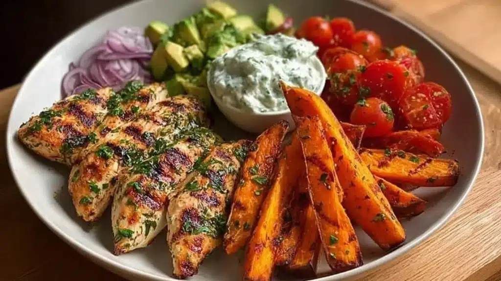 Plate of grilled herb chicken served with sweet potato fries and avocado salsa