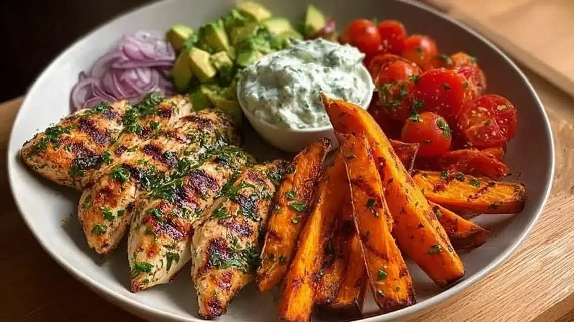 Plate of grilled herb chicken served with sweet potato fries and avocado salsa