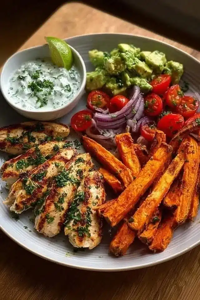 Grilled Herb Chicken with Sweet Potato Fries and Avocado Salsa