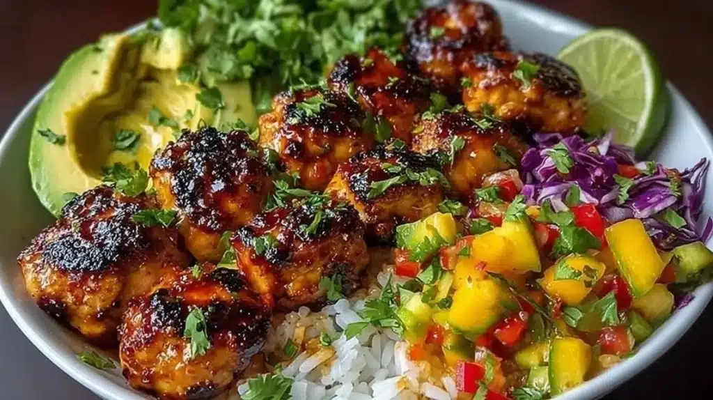 Delicious Grilled Maple Sriracha Chicken Bites Bowl served in a rustic dish.