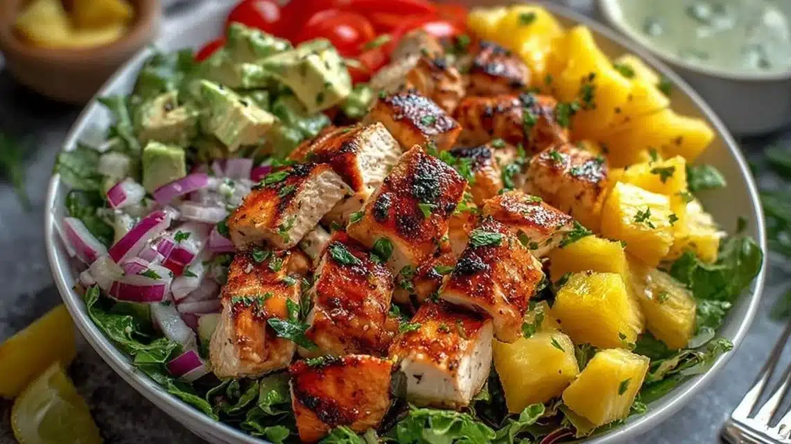 Delicious Hawaiian Chicken Salad with tropical fruits and vibrant veggies
