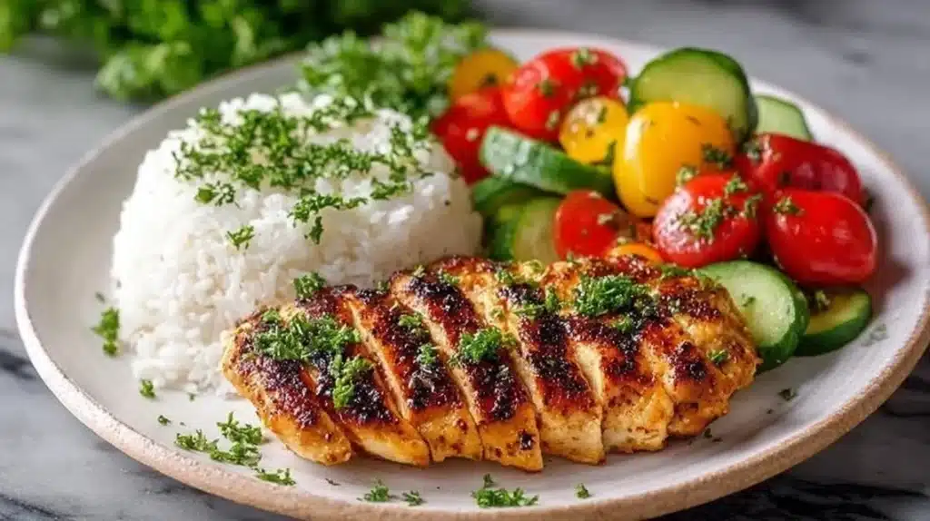 Delicious and healthy grilled chicken plate with vegetables and spices