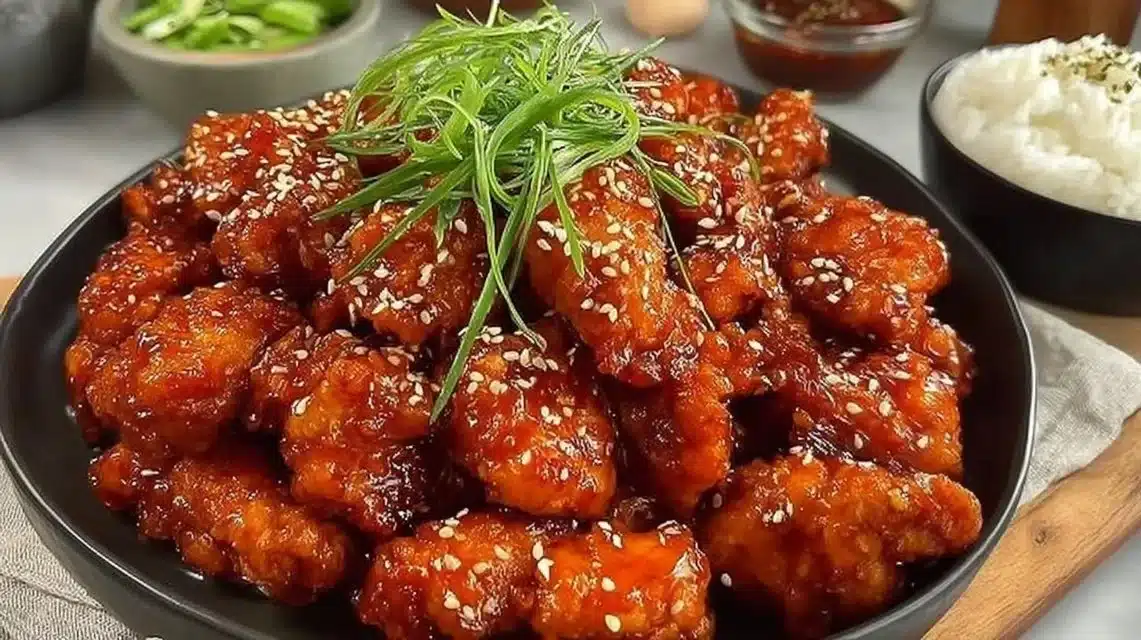 Healthy Korean Fried Chicken served with fresh vegetables and dipping sauce.