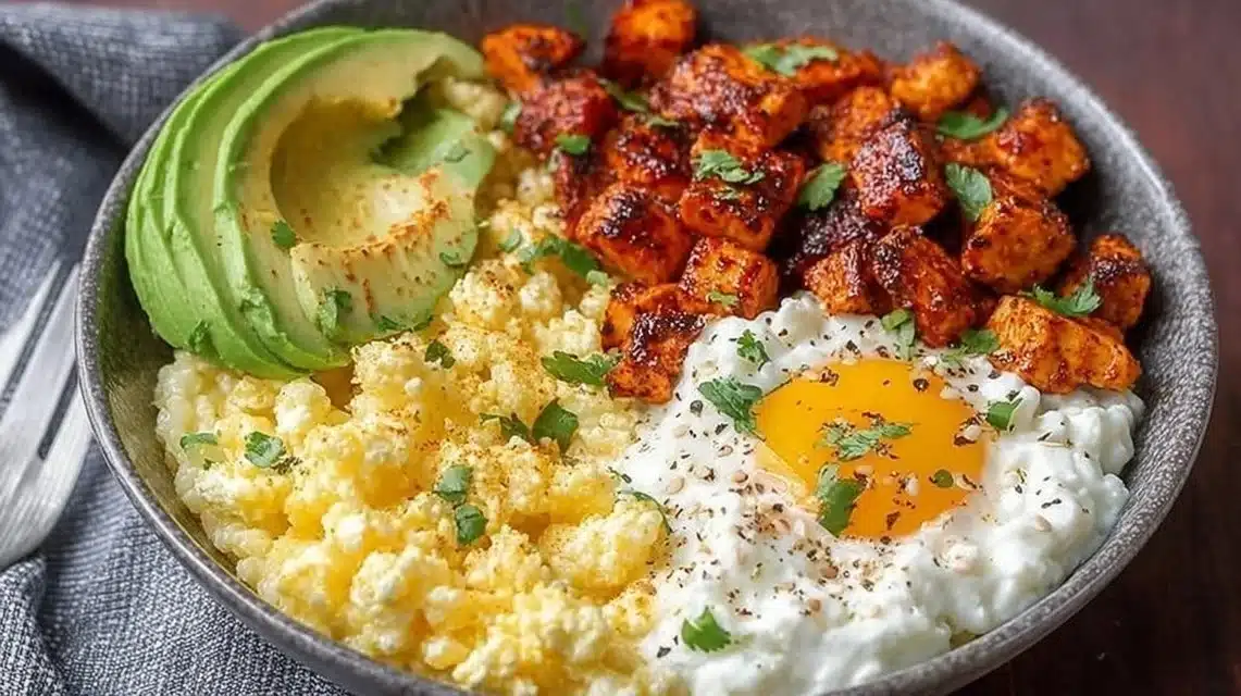 High-protein breakfast bowl with eggs, veggies, and grains