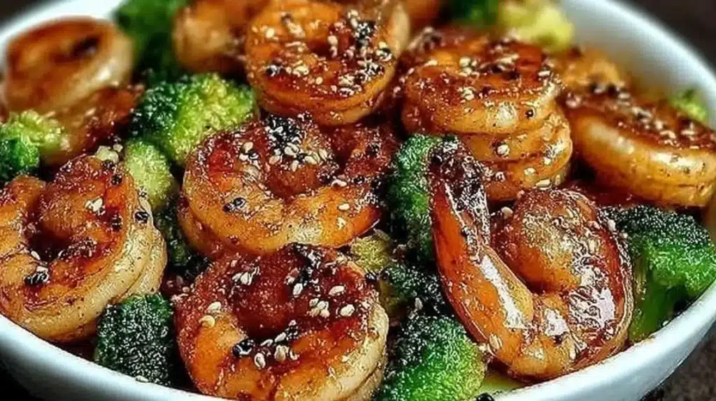 High-protein honey garlic shrimp dish served with vegetables