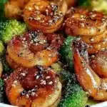 High-protein honey garlic shrimp dish served with vegetables