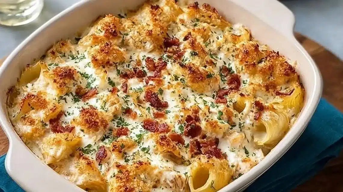 Delicious homemade Crack Chicken Casserole topped with melted cheese and herbs.
