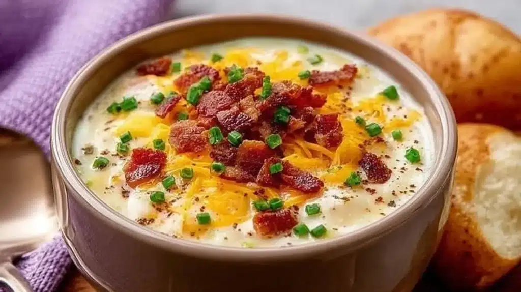 Delicious homemade crock pot loaded baked potato soup garnished with green onions and bacon.