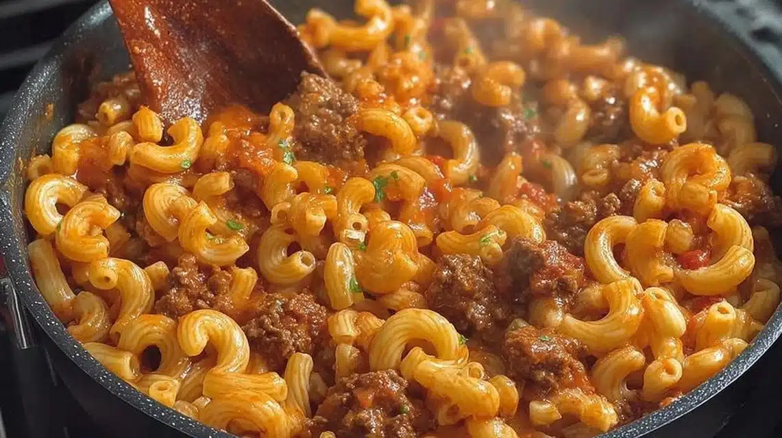 A bowl of homemade Hamburger Helper served with fresh vegetables and cheese.