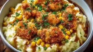 Homestyle Chicken Mashed Potato Bowls for a Cozy Easy Dinner Homestyle chicken mashed potato bowls topped with savory chicken and gravy.