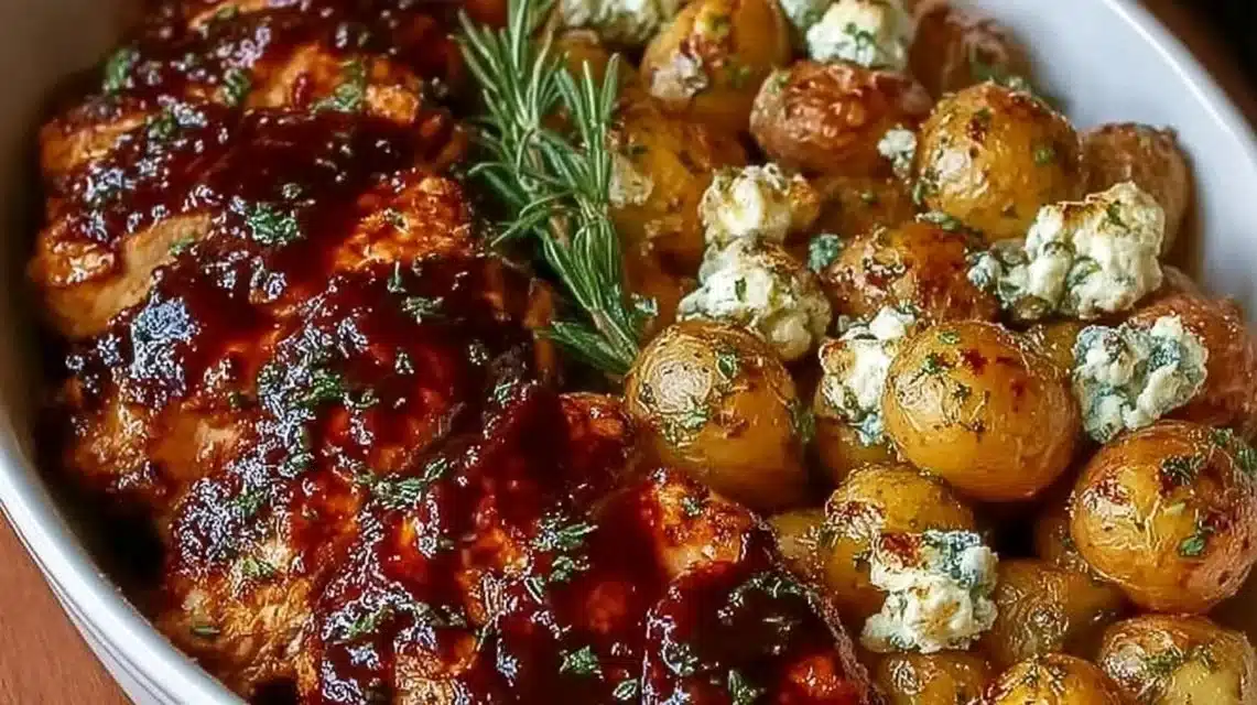 Honey BBQ Chicken served with seasoned potatoes on a plate