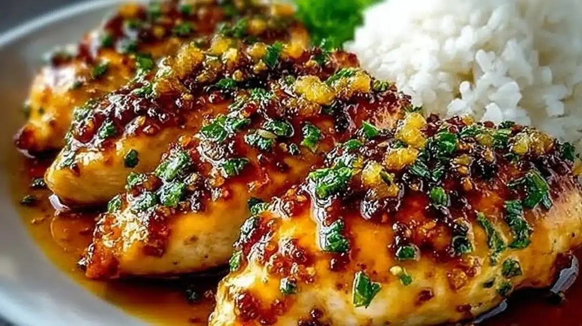 Delicious Honey Garlic Chicken Breasts garnished with herbs