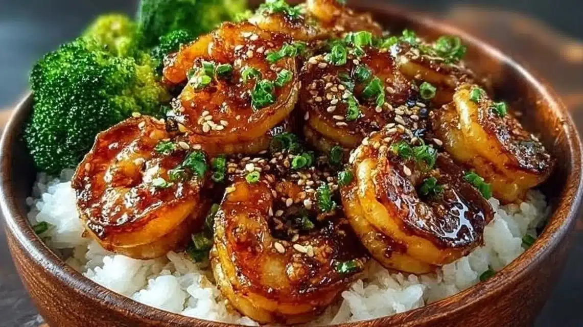 A delicious bowl of honey garlic shrimp served with rice and vegetables