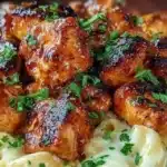 Delicious Honey Pepper Chicken served with creamy mac and cheese