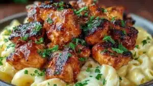 Delicious Honey Pepper Chicken served with creamy mac and cheese