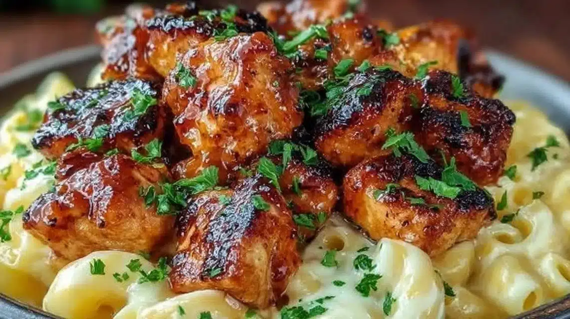Delicious Honey Pepper Chicken served with creamy mac and cheese