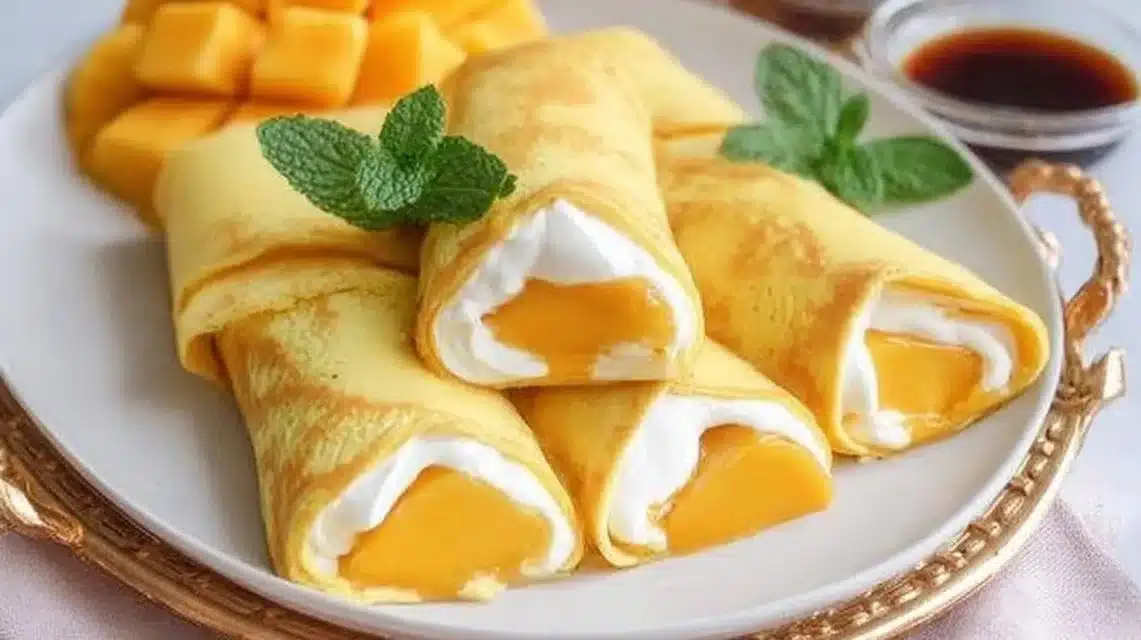 Hong Kong Style Mango Pancake with fresh mango slices and creamy filling