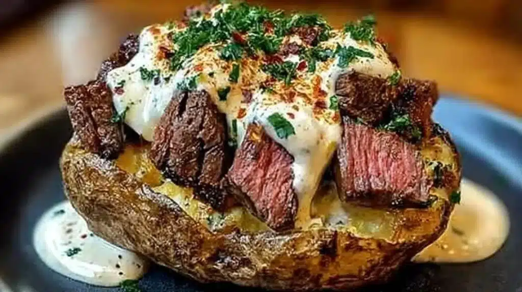 Delicious loaded steak potatoes with savory cream sauce topped with green onions