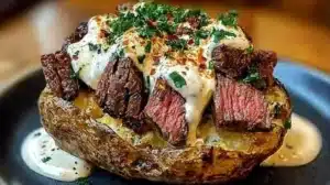 Indulge in Loaded Steak Potatoes with Savory Cream Sauce Delicious loaded steak potatoes with savory cream sauce topped with green onions