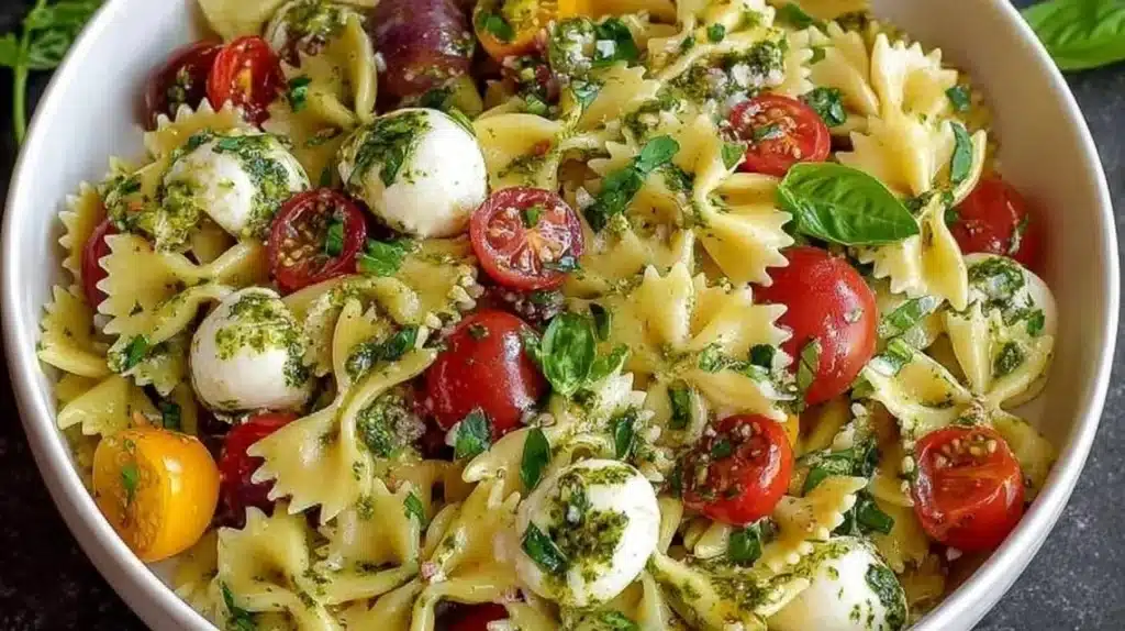 Italian Bow Tie Pasta Salad with fresh vegetables and dressing
