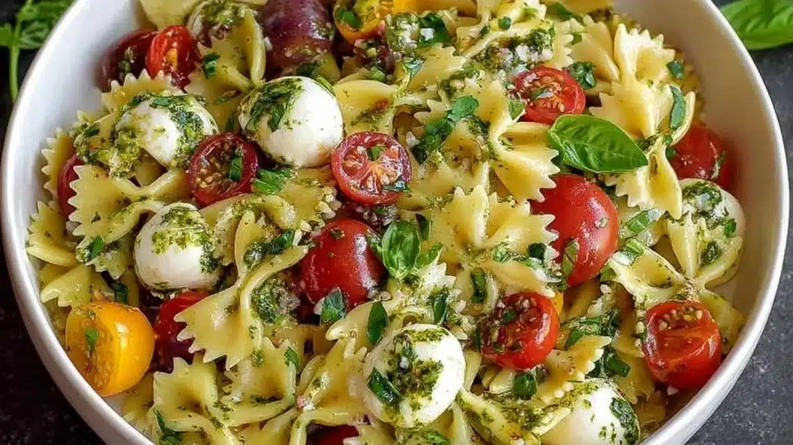 Italian Bow Tie Pasta Salad with fresh vegetables and dressing
