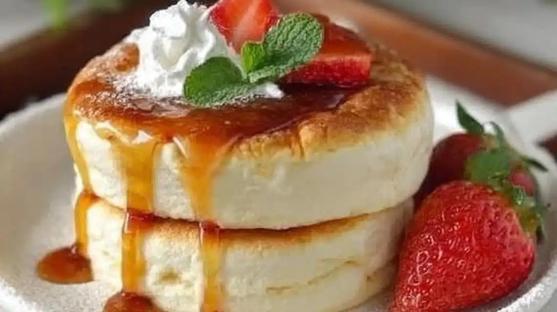Fluffy Japanese soufflé pancakes stacked on a plate with syrup and berries