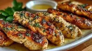 Juicy Greek chicken tenders served with a flavorful garlic sauce.