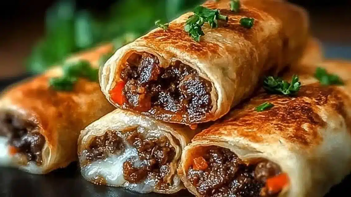 Keto Philly Cheesesteak Roll Ups served on a plate with melted cheese and peppers