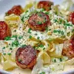 Bowl of Keto Cajun Sausage Cabbage Alfredo topped with herbs