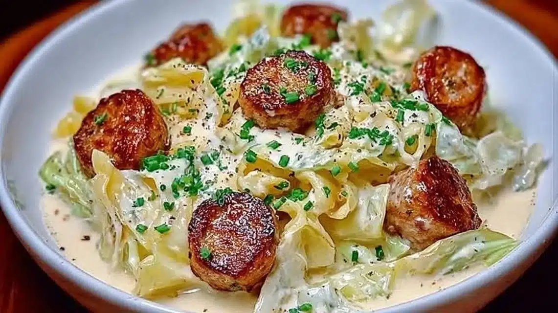 Bowl of Keto Cajun Sausage Cabbage Alfredo topped with herbs