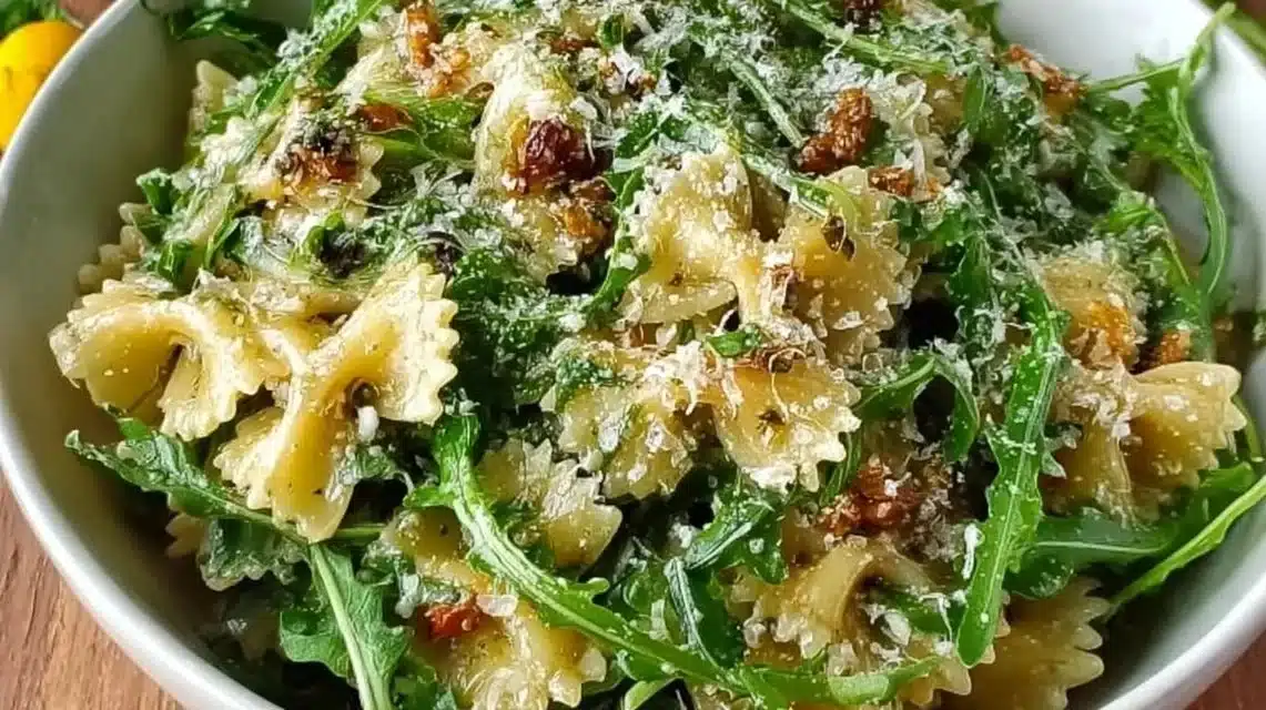 Lemon Arugula Pasta Salad with fresh vegetables and zesty dressing