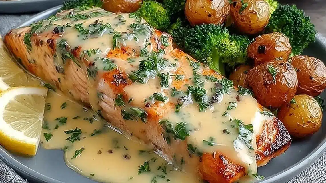 Lemon butter salmon dish with crispy potatoes and broccoli on a plate