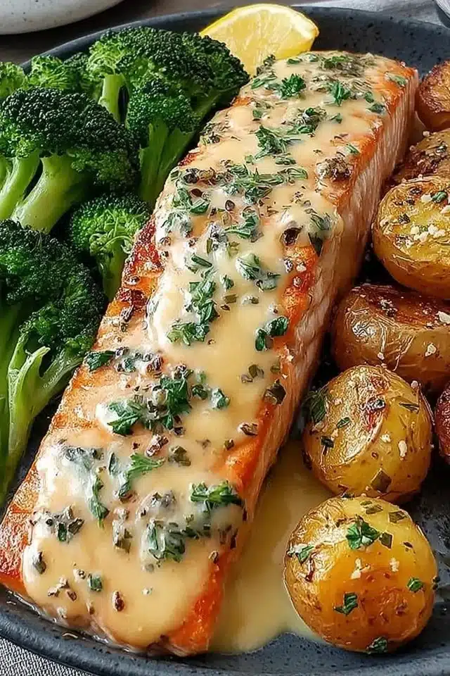 Lemon Butter Salmon with Crispy Potatoes and Broccoli