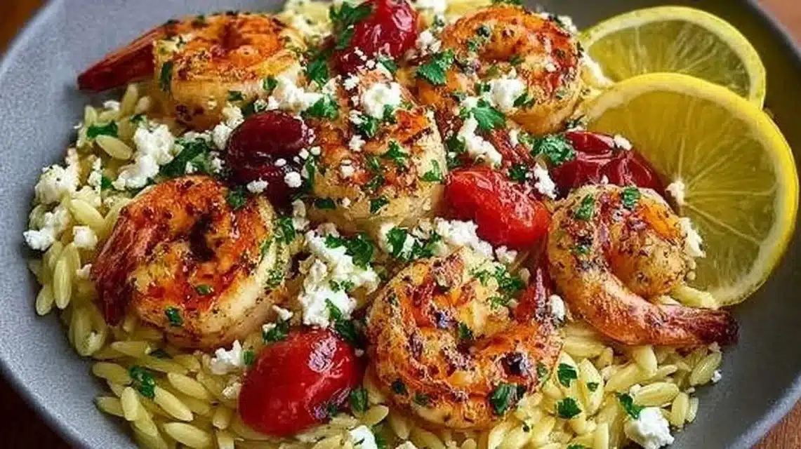 Plate of Lemon Feta Orzo Shrimp garnished with herbs
