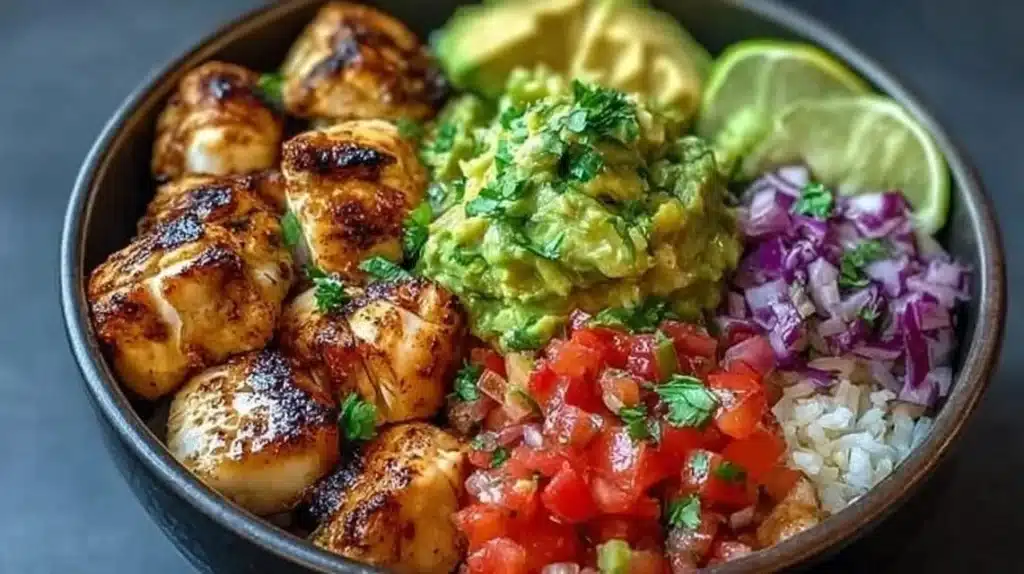 Low-carb fish taco bowls topped with fresh ingredients and lime
