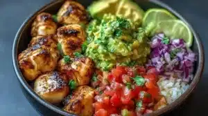 Low-carb fish taco bowls topped with fresh ingredients and lime
