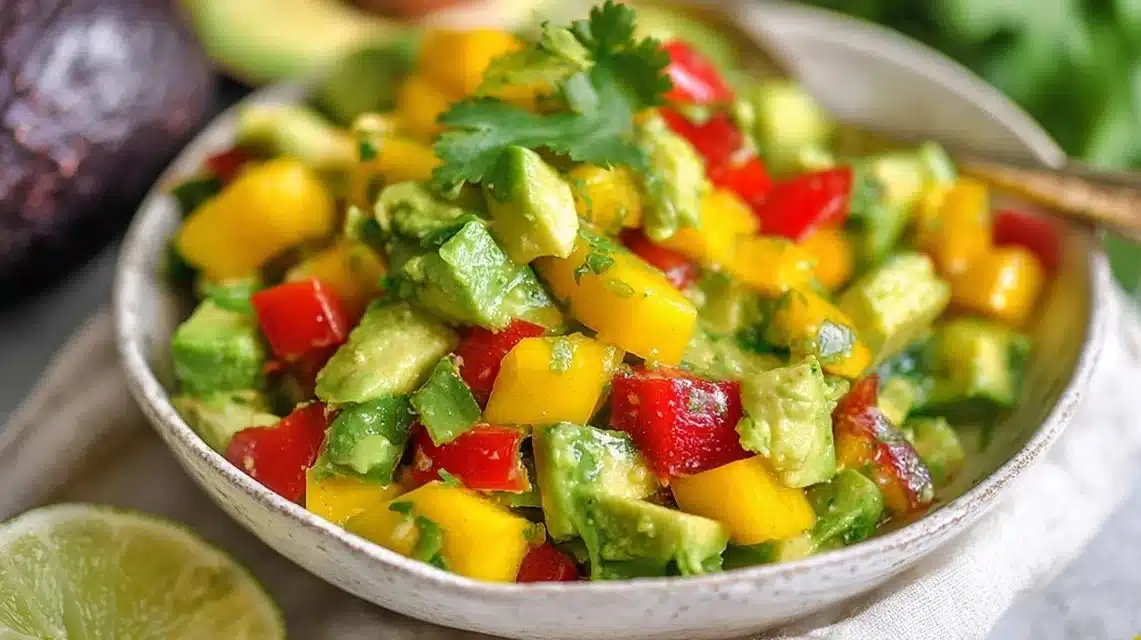 Delicious Mango Avocado Salad with fresh ingredients and vibrant colors.