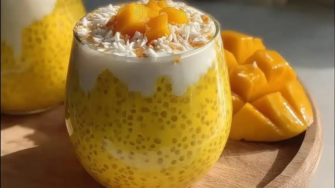Mango Sago dessert pudding served in a bowl with fresh mango slices