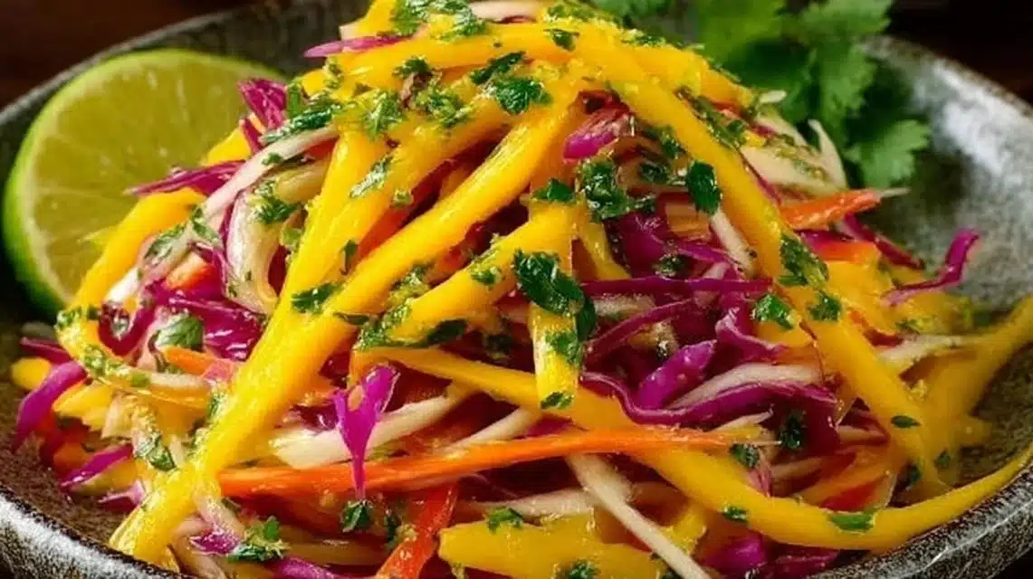 Colorful bowl of mango slaw with fresh vegetables and mango chunks