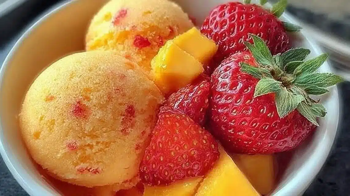 Delicious mango strawberry sorbet served in a bowl with fresh fruit