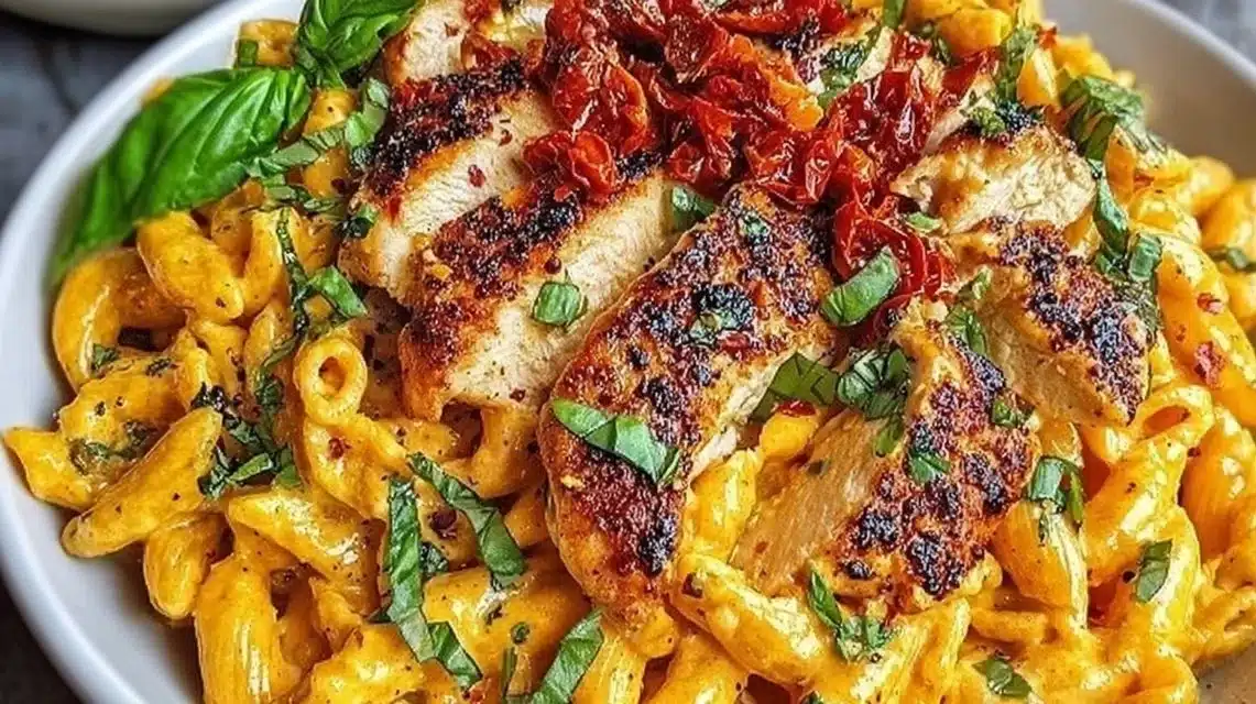 Marry Me Chicken Pasta 1 Delicious Marry Me Chicken Pasta served in a bowl with fresh herbs and cheese.