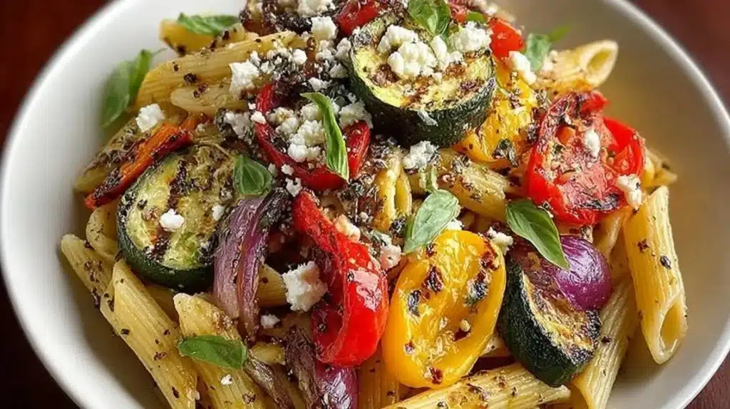 Mediterranean grilled vegetable pasta salad with vibrant veggies and pasta